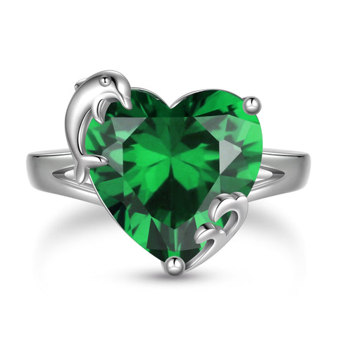 9Ct Women Heart Ring 925 Sterling Silver Dolphin May Birthstone Emerald Green Solitaire Ring Jewelry Birthday Mother's Day Gift - Aurora Tears