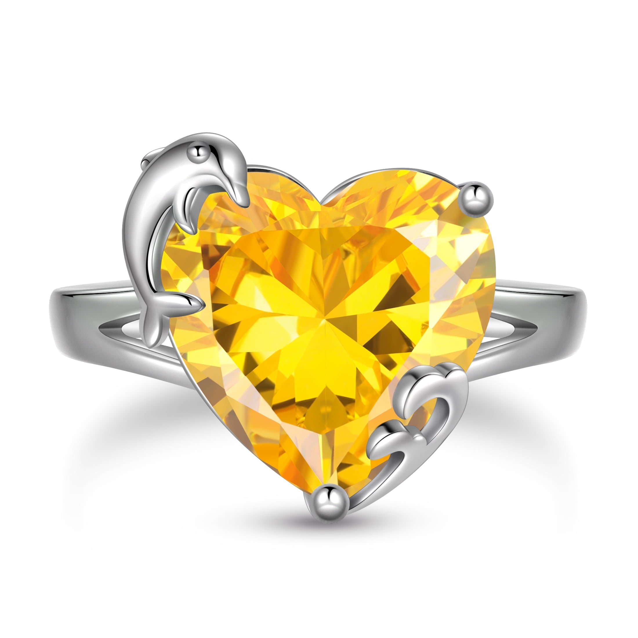 9Ct Women Heart Ring 925 Sterling Silver Dolphin November Birthstone Citrine Solitaire Ring Jewelry Christmas Thanksgiving Gift for Mother - Aurora Tears