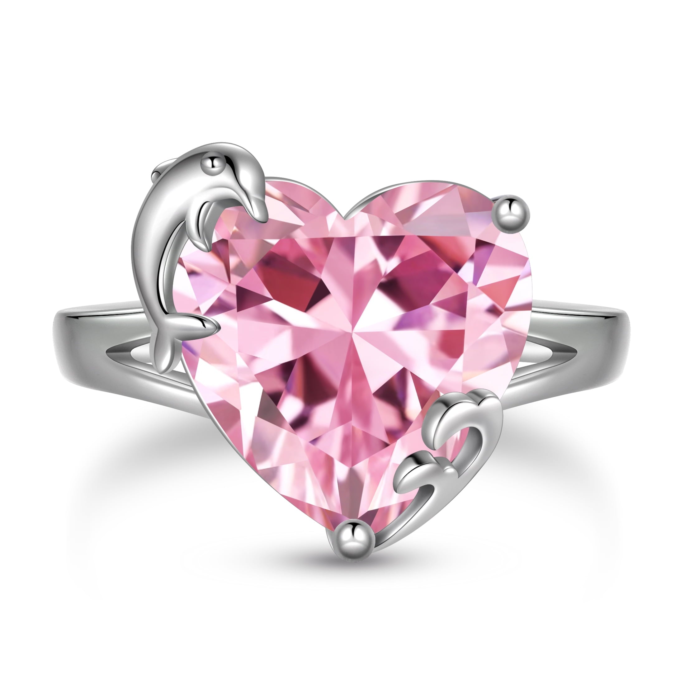 9Ct Women Heart Ring 925 Sterling Silver Dolphin October Birthstone Tourmaline Pink Solitaire Ring Jewelry Mother Birthday Valentine's Day Gifts - Aurora Tears