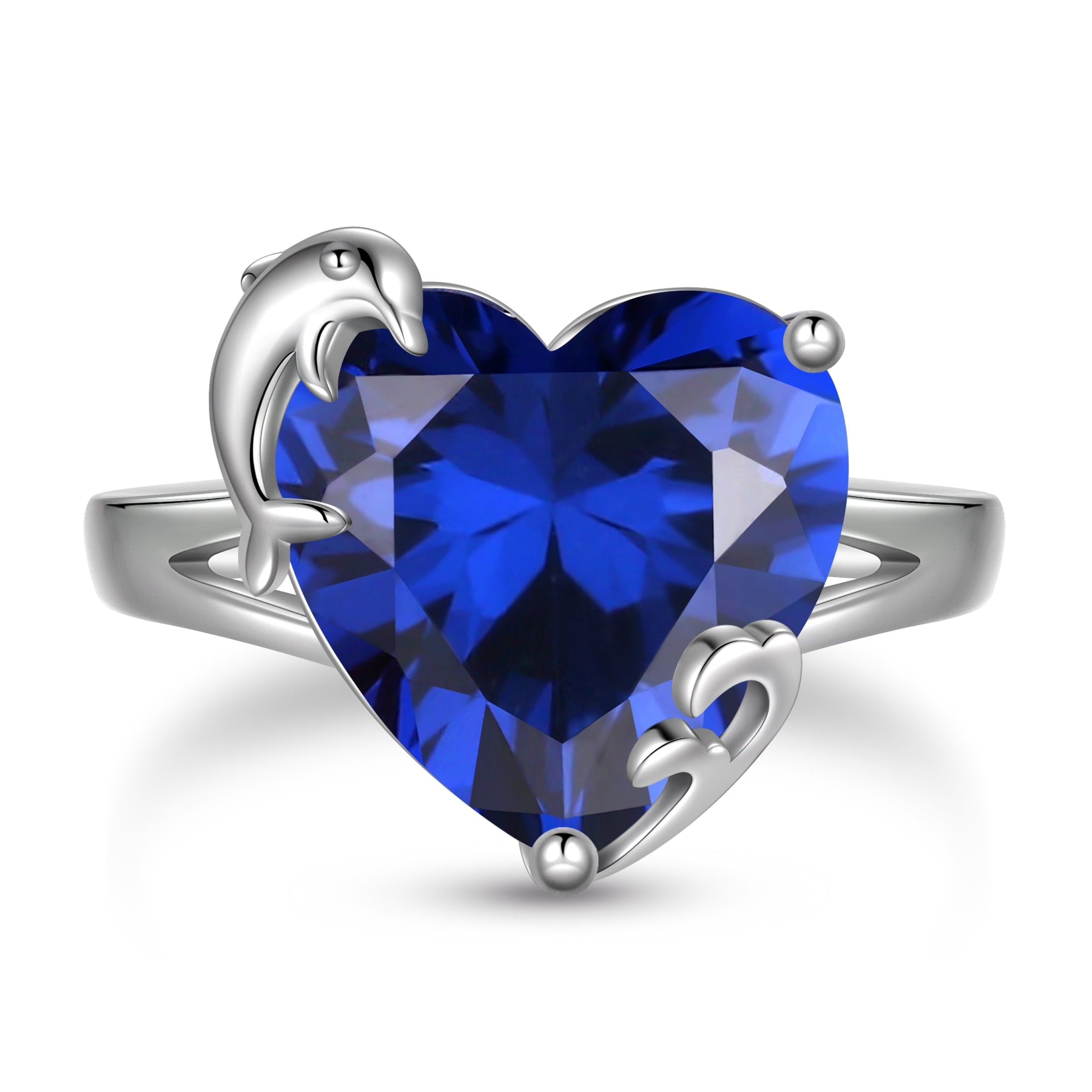 9Ct Women Heart Ring 925 Sterling Silver Dolphin September Birthstone Sapphire Blue Solitaire Ring Jewelry Birthday Mother's Day Gift - Aurora Tears