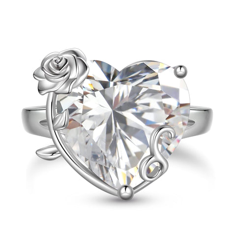 9Ct Women Heart Ring 925 Sterling Silver Rose Flower April Birthstone Diamond Crystal Solitaire Ring Bridal Jewelry Birthday Gift - Aurora Tears
