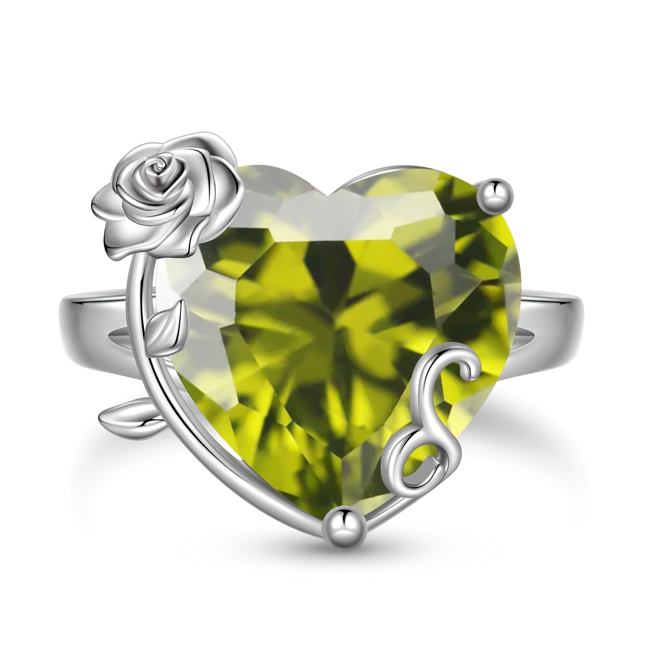 9Ct Women Heart Ring 925 Sterling Silver Rose Flower August Birthstone Peridot Solitaire Ring Jewelry Mom Christmas Birthday Gift - Aurora Tears