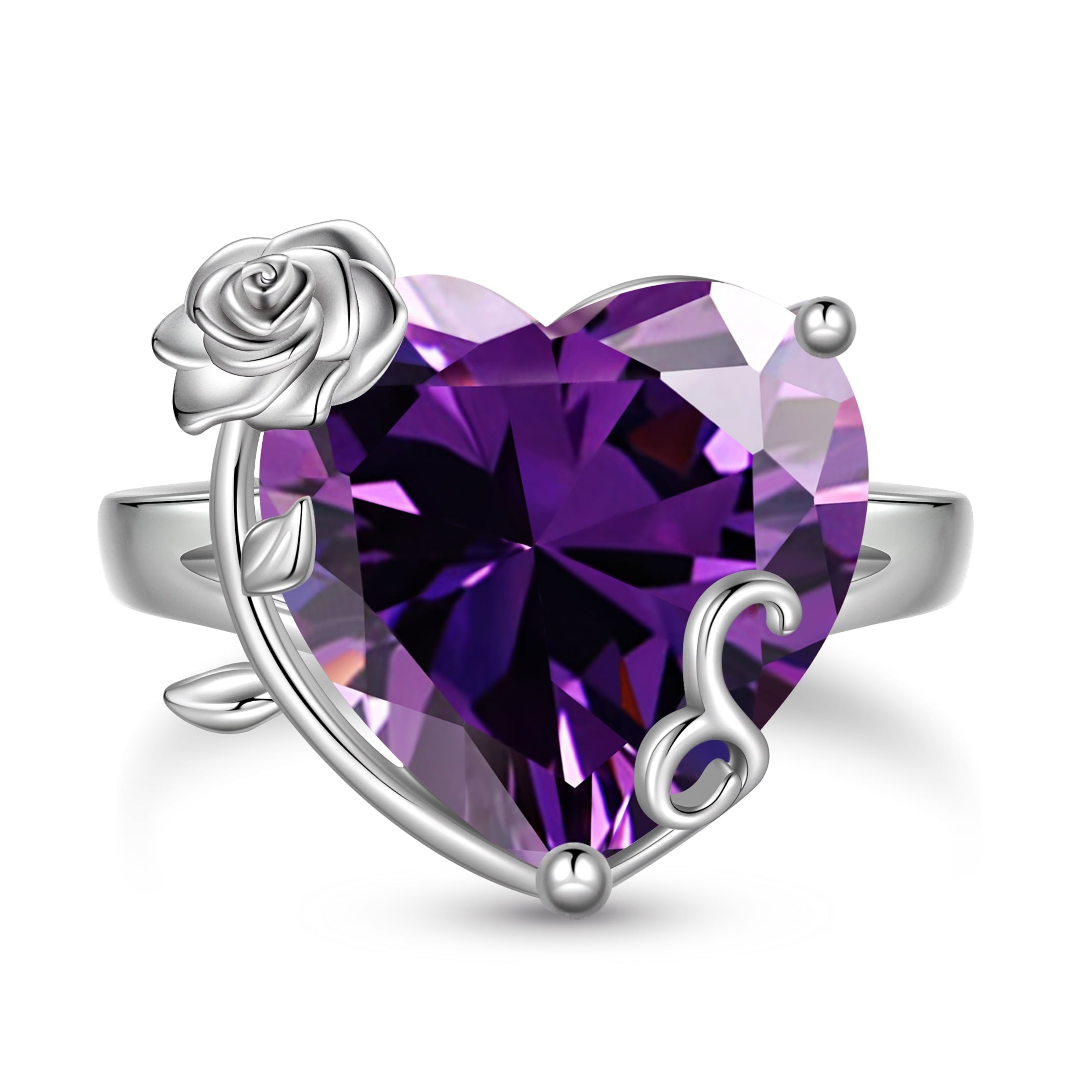 9Ct Women Heart Ring 925 Sterling Silver Rose Flower February Birthstone Amethyst Purple Solitaire Ring Jewelry Girlfriend Valentine's Day Gift - Aurora Tears