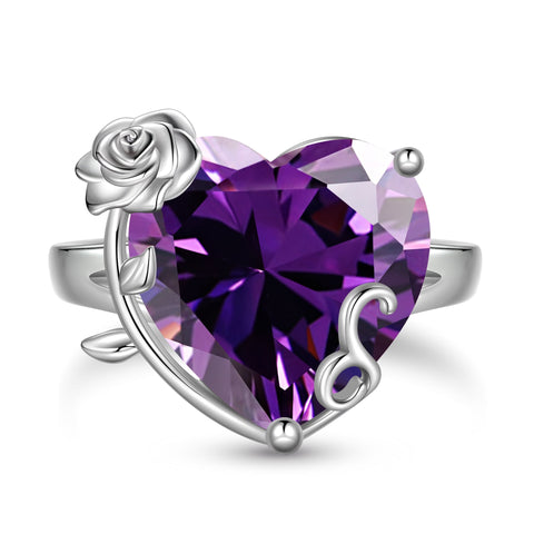 9Ct Women Heart Ring 925 Sterling Silver Rose Flower February Birthstone Amethyst Purple Solitaire Ring Jewelry Girlfriend Valentine's Day Gift - Aurora Tears