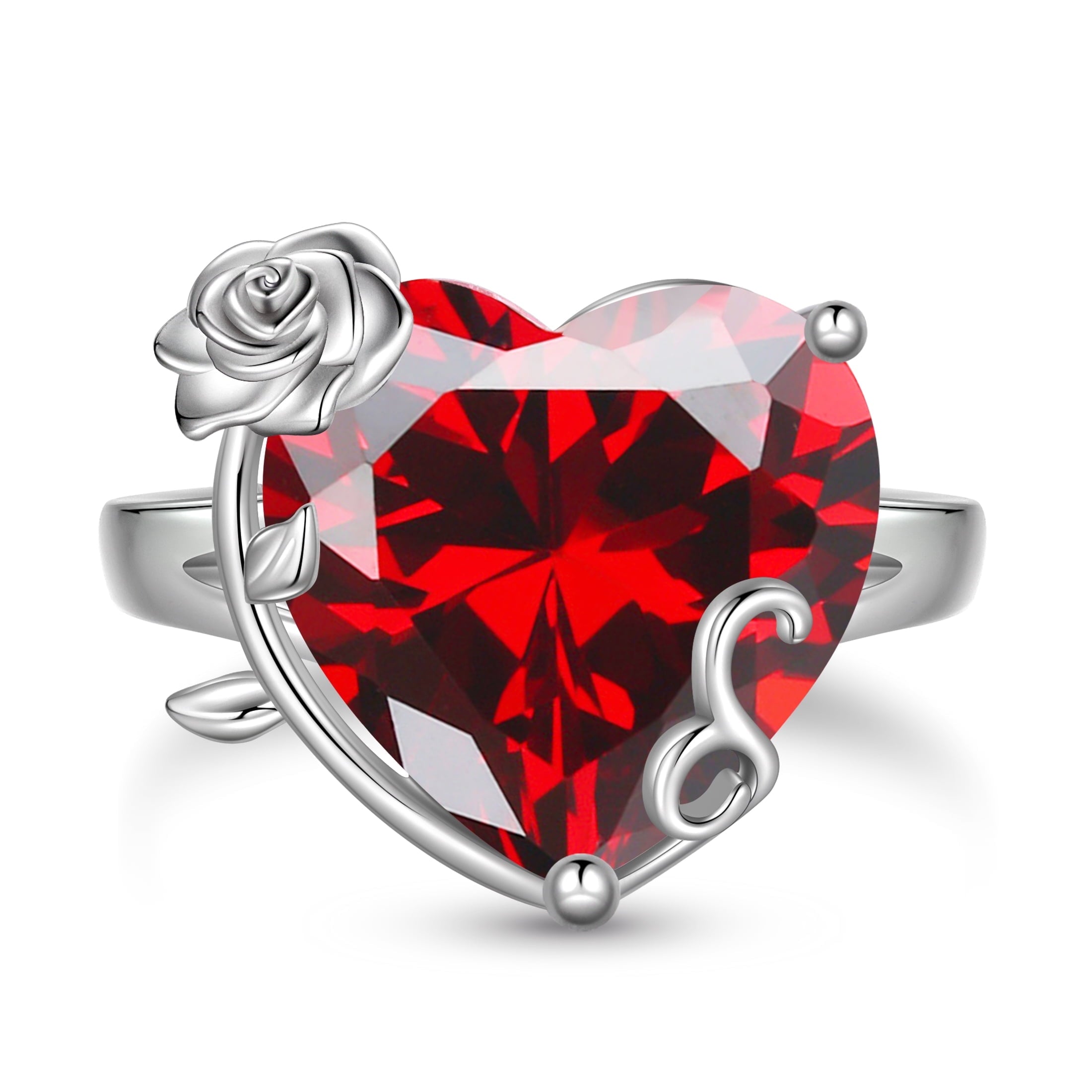9Ct Women Heart Ring 925 Sterling Silver Rose Flower January Birthstone Red Garnet Solitaire Ring Jewelry Mother Birthday Valentine's Day Gift - Aurora Tears