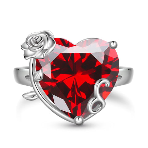 9Ct Women Heart Ring 925 Sterling Silver Rose Flower January Birthstone Red Garnet Solitaire Ring Jewelry Mother Birthday Valentine's Day Gift - Aurora Tears