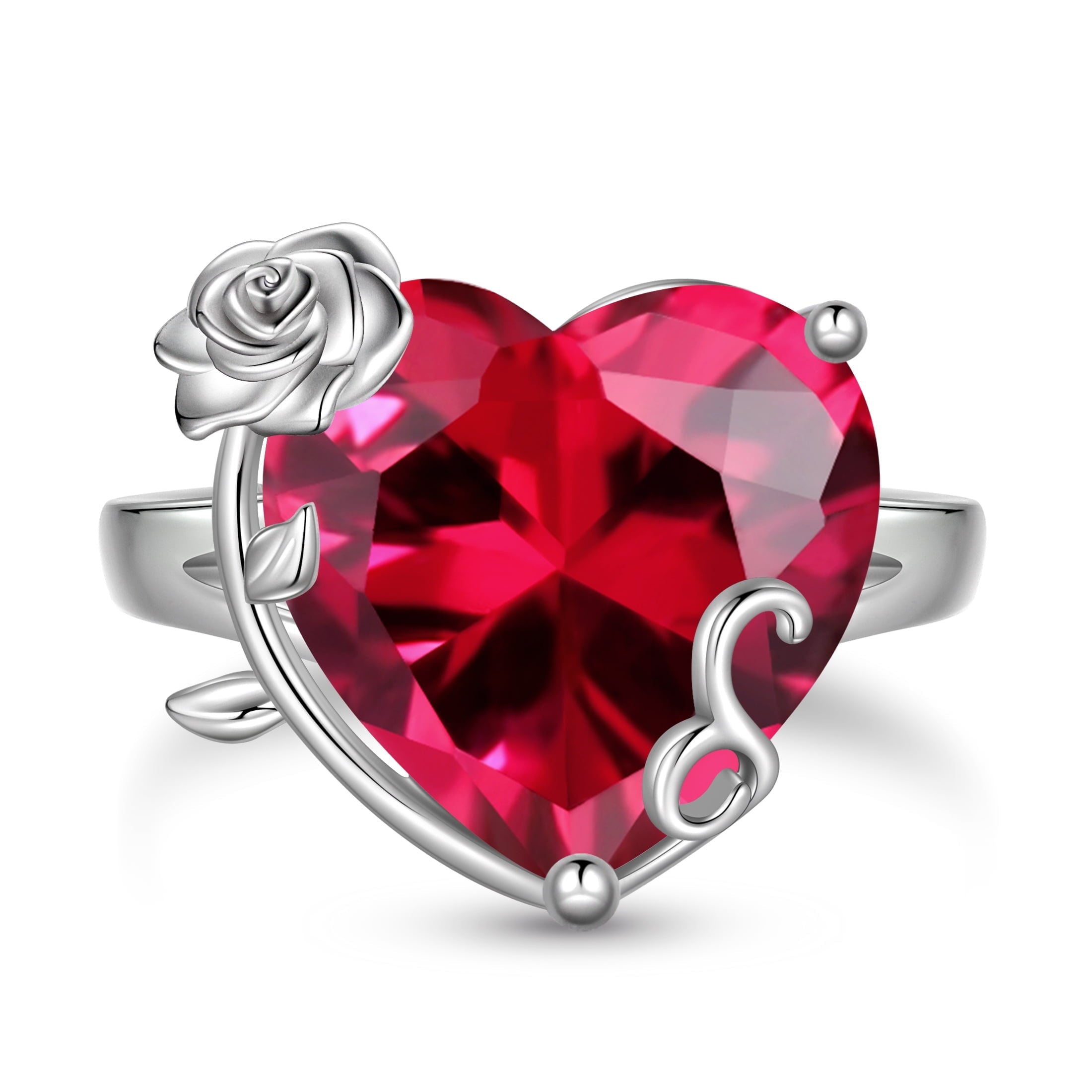 9Ct Women Heart Ring 925 Sterling Silver Rose Flower July Birthstone Ruby Red Solitaire Ring Jewelry Mother Birthday Valentine's Day Gift - Aurora Tears