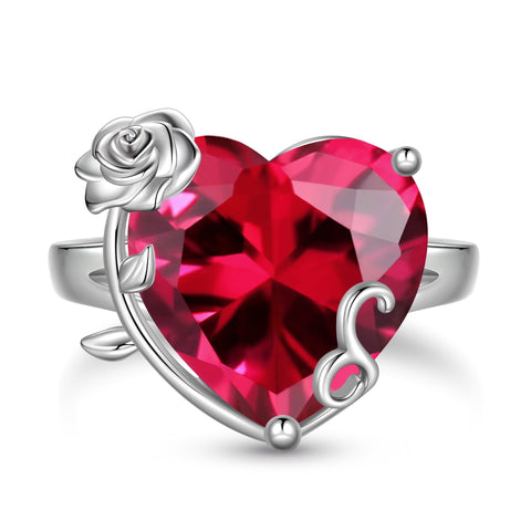 9Ct Women Heart Ring 925 Sterling Silver Rose Flower July Birthstone Ruby Red Solitaire Ring Jewelry Mother Birthday Valentine's Day Gift - Aurora Tears