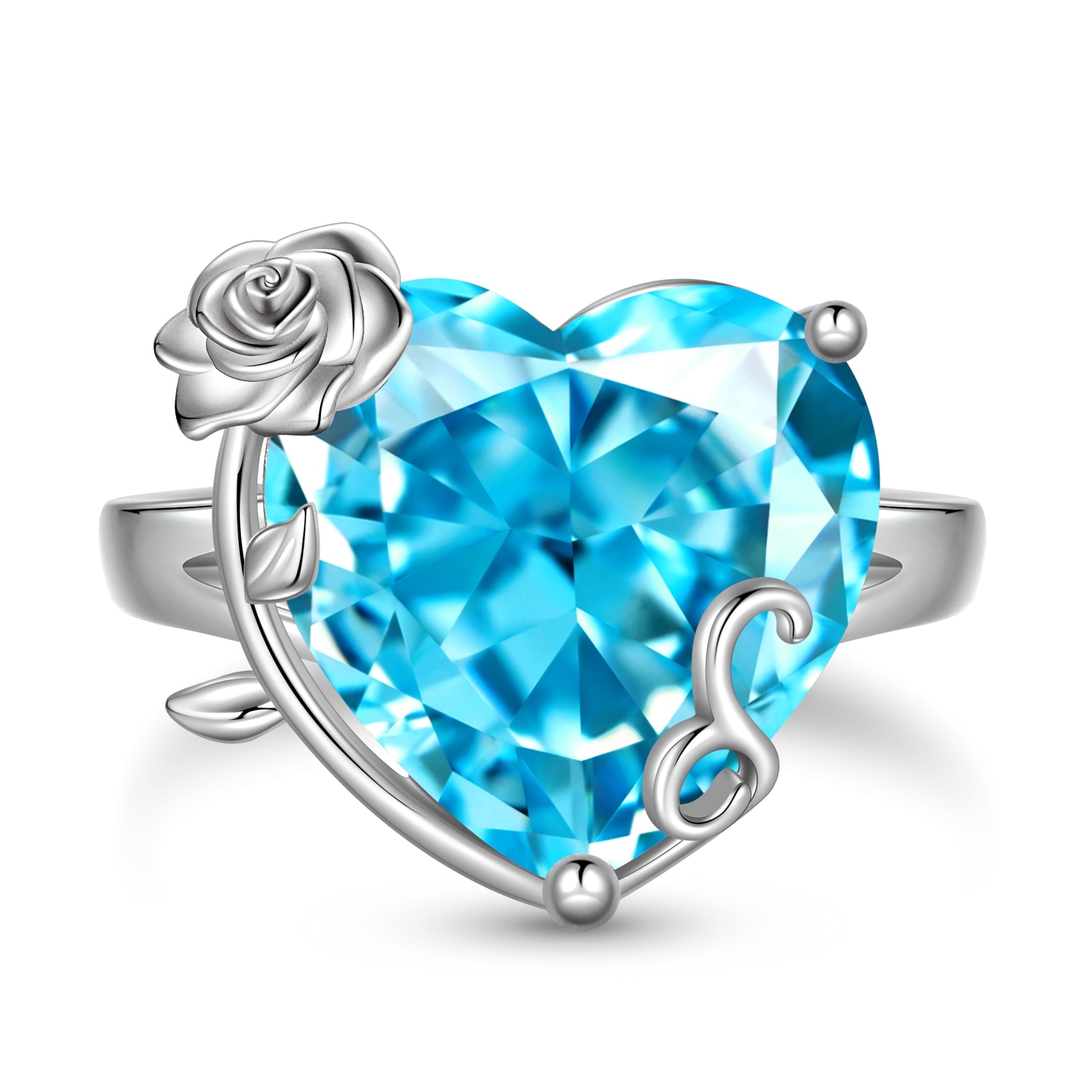 9Ct Women Heart Ring 925 Sterling Silver Rose Flower March Birthstone Aquamarine Blue Solitaire Ring Jewelry Birthday Gift for Mother - Aurora Tears