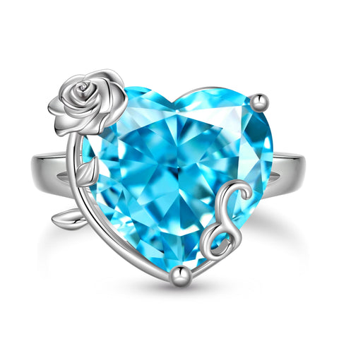 9Ct Women Heart Ring 925 Sterling Silver Rose Flower March Birthstone Aquamarine Blue Solitaire Ring Jewelry Birthday Gift for Mother - Aurora Tears