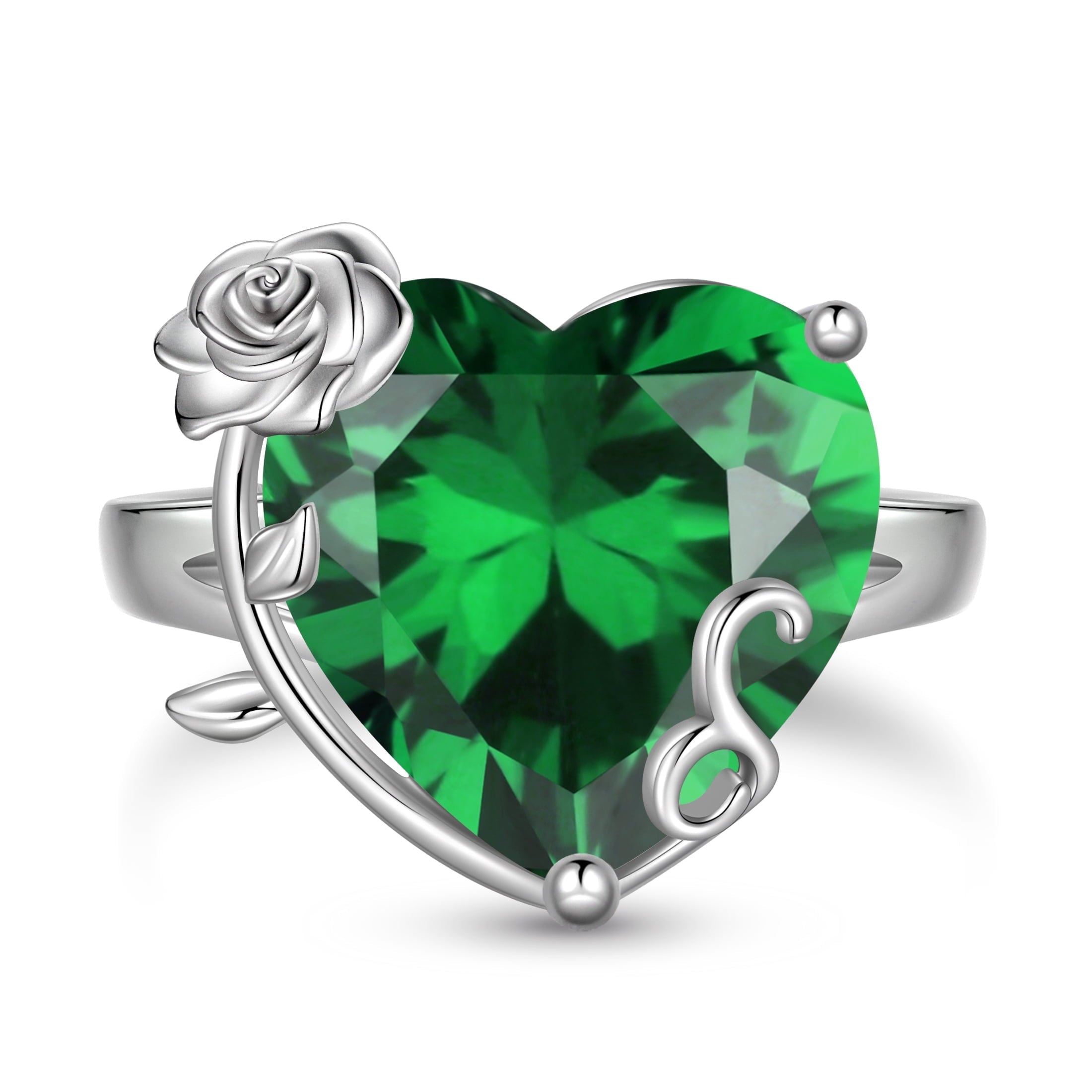 9Ct Women Heart Ring 925 Sterling Silver Rose Flower May Birthstone Emerald Green Solitaire Ring Jewelry Birthday Mother's Day Gift - Aurora Tears