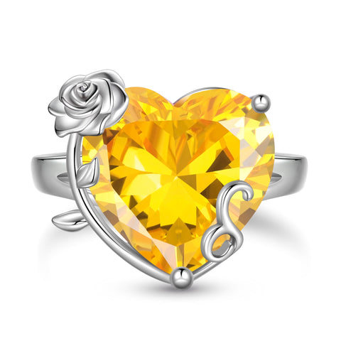 9Ct Women Heart Ring 925 Sterling Silver Rose Flower November Birthstone Citrine Solitaire Ring Jewelry Christmas Thanksgiving Gift for Mother - Aurora Tears