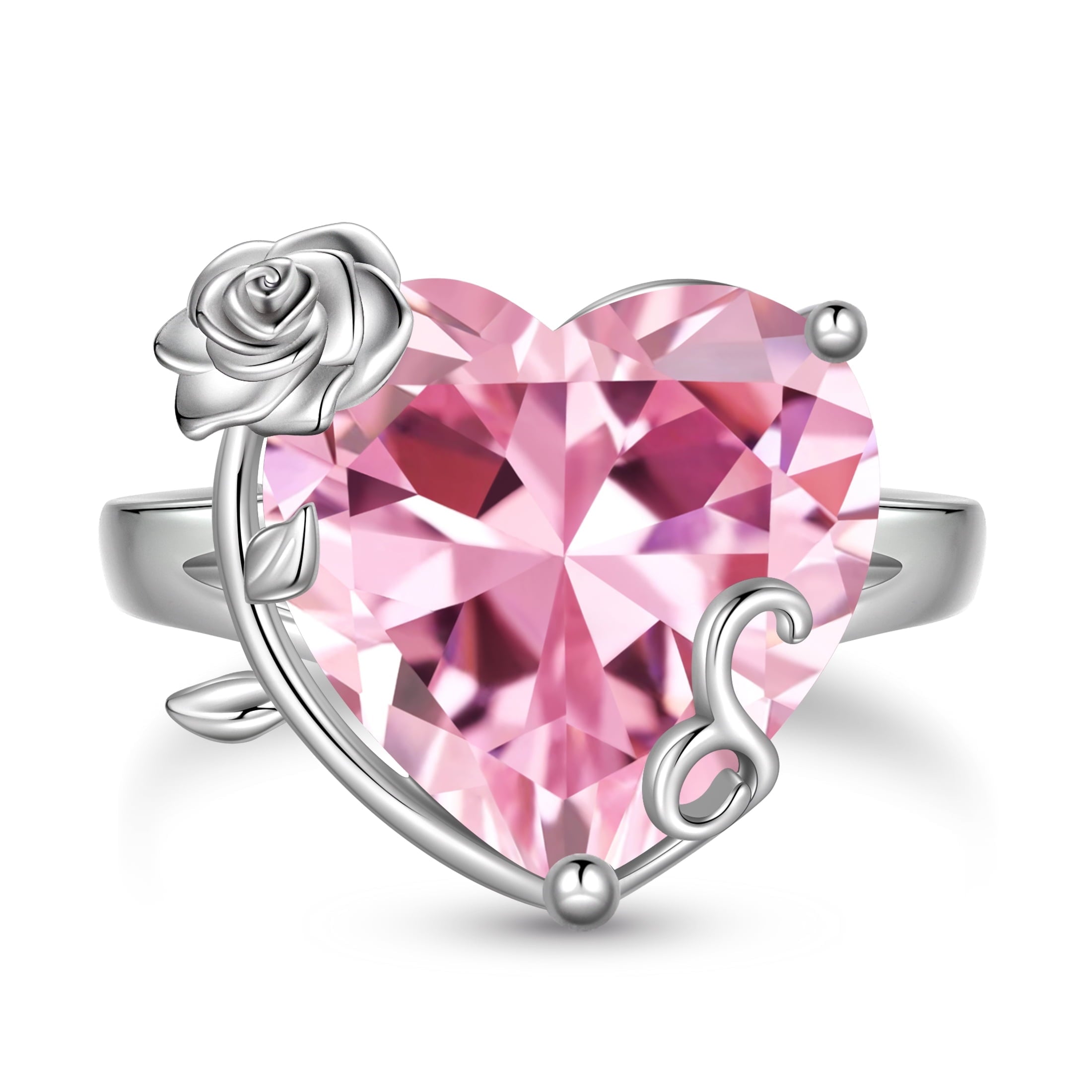 9Ct Women Heart Ring 925 Sterling Silver Rose Flower October Birthstone Tourmaline Pink Solitaire Ring Jewelry Mother Birthday Valentine's Day Gift - Aurora Tears