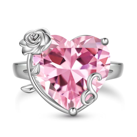9Ct Women Heart Ring 925 Sterling Silver Rose Flower October Birthstone Tourmaline Pink Solitaire Ring Jewelry Mother Birthday Valentine's Day Gift - Aurora Tears