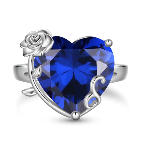 9Ct Women Heart Ring 925 Sterling Silver Rose Flower September Birthstone Sapphire Blue Solitaire Ring Jewelry Birthday Mother's Day Gift - Aurora Tears