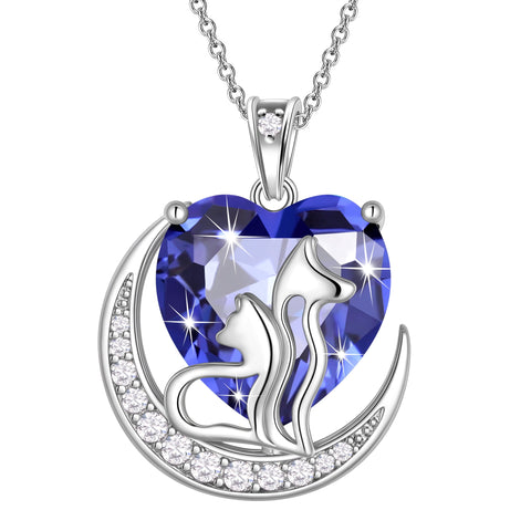 Women Animal Cat and Dog Necklace Blue Heart December Birthstone Charm Tanzanite Pendant Jewelry Christmas Birthday Gift for Mother Daughter Pet Lovers - Aurora Tears
