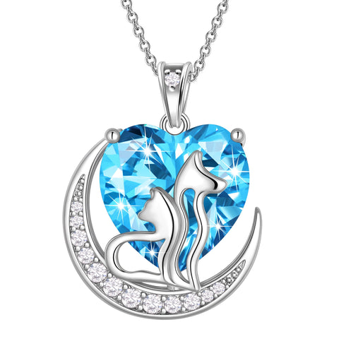 Women Animal Cat and Dog Necklace Blue Heart March Birthstone Charm Aquamarine Pendant Jewelry Birthday Mother's Day Gift for Wife Daughter Pet Lovers - Aurora Tears