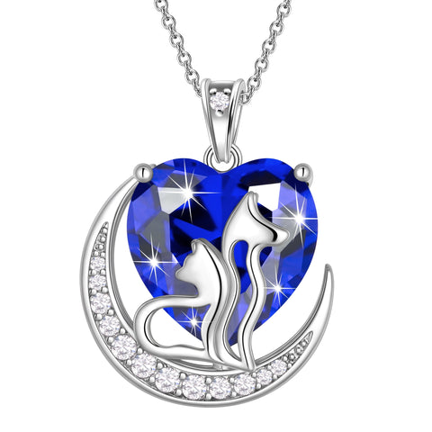 Women Animal Cat and Dog Necklace Blue Heart September Birthstone Charm Sapphire Pendant Jewelry Christmas Birthday Gift for Mother Daughter Pet Lovers - Aurora Tears