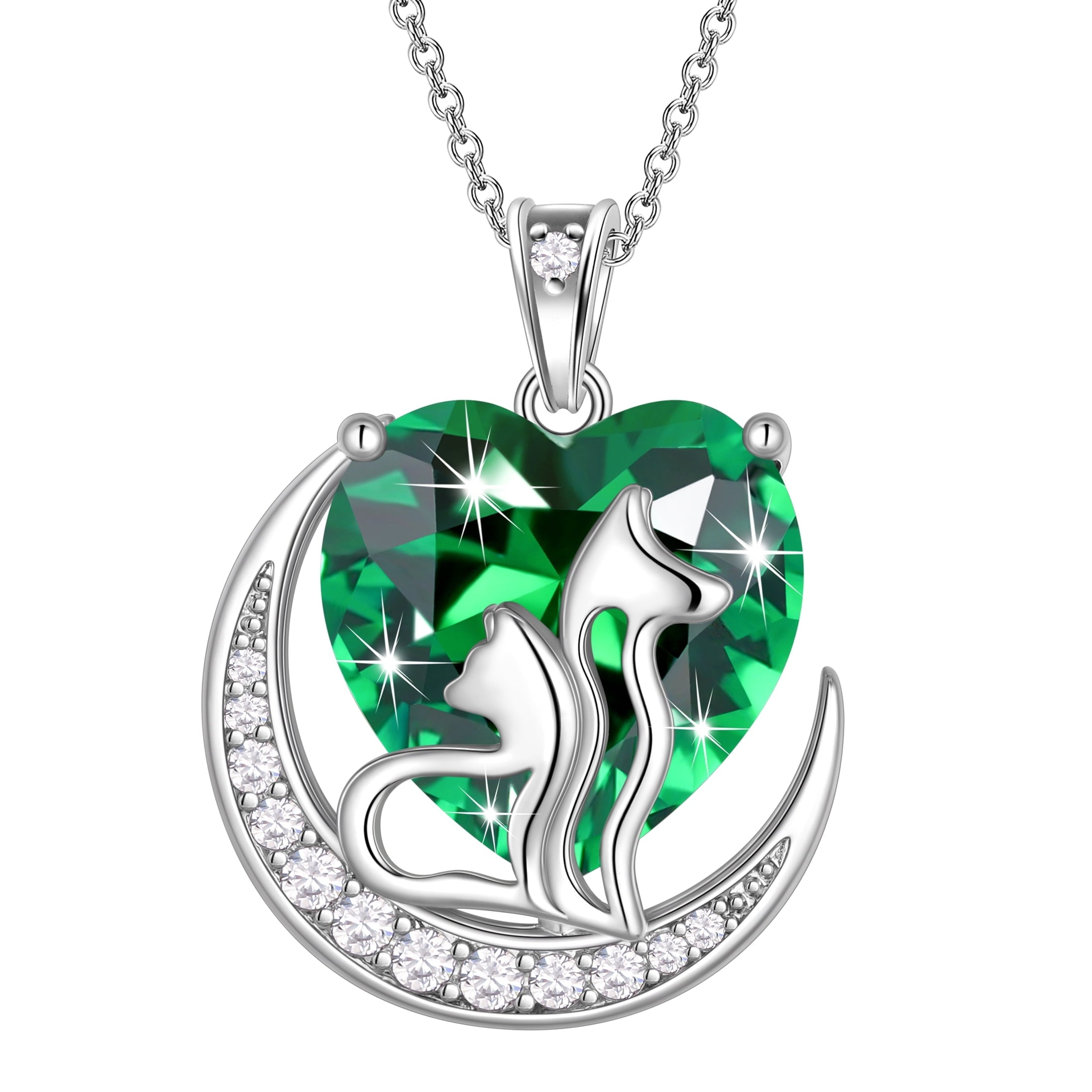 Women Animal Cat and Dog Necklace Green Heart May Birthstone Charm Emerald Pendant Jewelry Birthday Mother's Day Gift for Mom Wife Daughter Pet Lovers - Aurora Tears