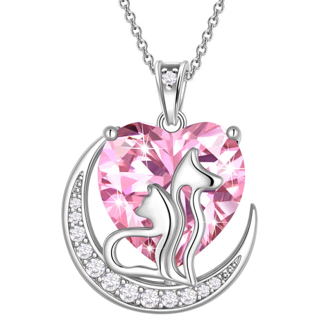 Women Animal Cat and Dog Necklace Pink Heart October Birthstone Charm Tourmaline Pendant Jewelry Christmas Birthday Gift for Mother Daughter Pet Lovers - Aurora Tears