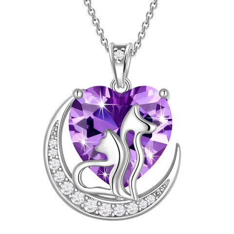 Women Animal Cat and Dog Necklace Purple Heart February Birthstone Charm Amethyst Pendant Jewelry Christmas Birthday Gift for Mother Daughter Pet Lovers - Aurora Tears