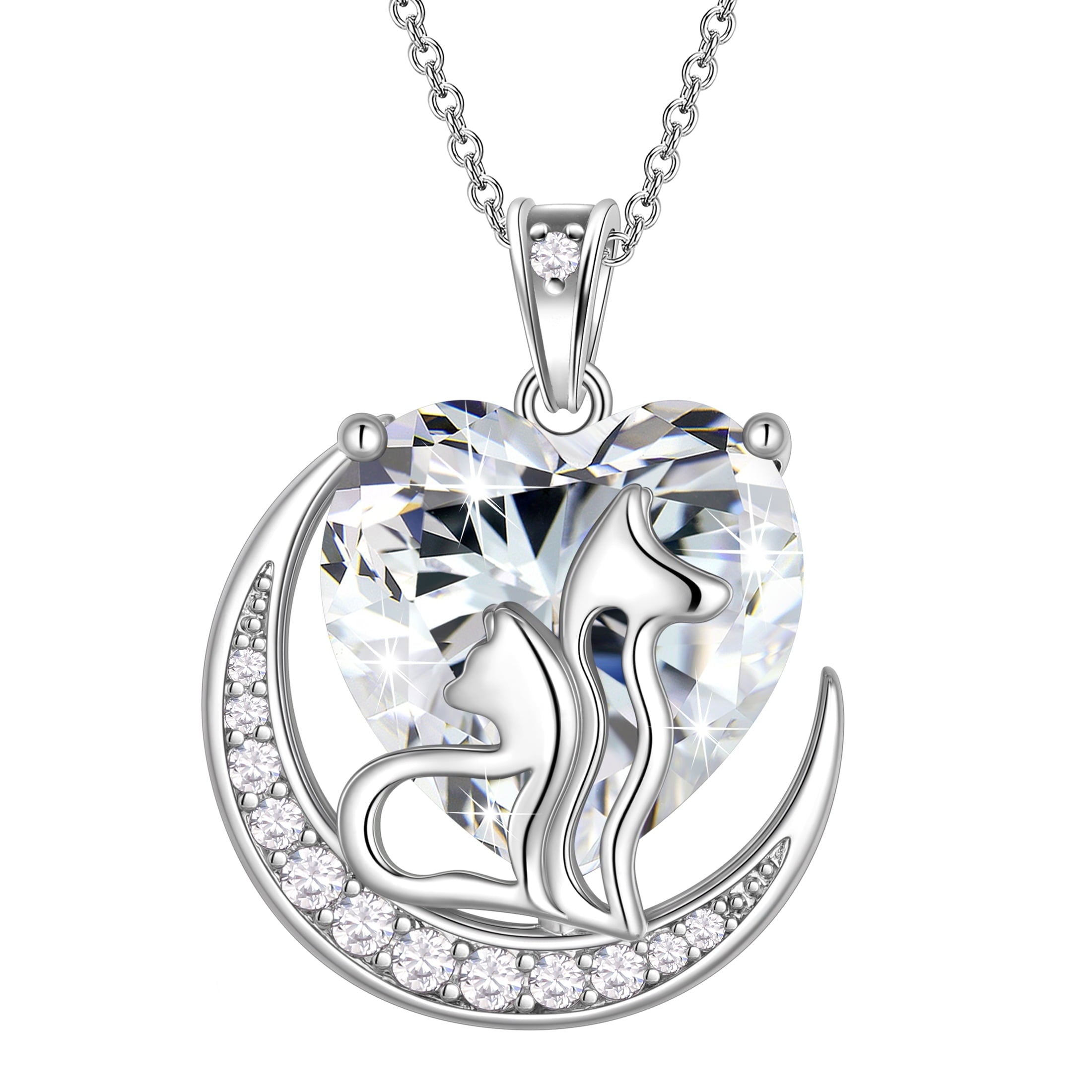 Women Animal Cat and Dog Necklace White Heart April Birthstone Charm Diamond Crystal Pendant Jewelry Birthday Gift for Mother Wife Daughter Pet Lovers - Aurora Tears