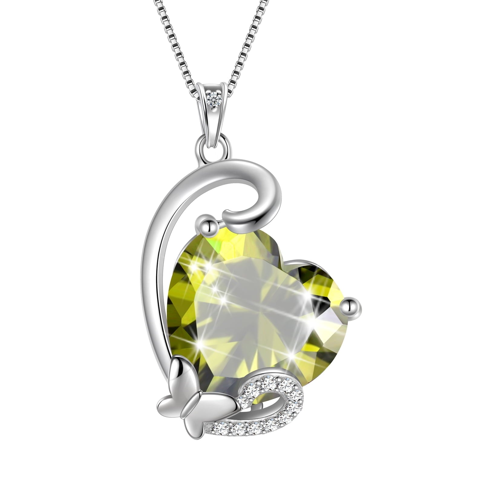 August Birthstone Heart Necklace Butterfly Pendant Green Peridot Jewelry 925 Sterling Silver Women Birthday Christmas Mother's Day Gift - Aurora Tears