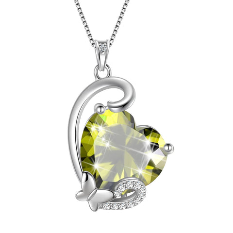 August Birthstone Heart Necklace Butterfly Pendant Green Peridot Jewelry 925 Sterling Silver Women Birthday Christmas Mother's Day Gift - Aurora Tears