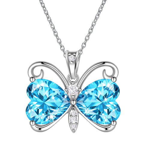 Women Blue Butterfly Necklace Heart March Birthstone Necklace Aquamarine Silver Plated Pendant Jewelry Christmas Birthday Mother's Day Gift - Aurora Tears