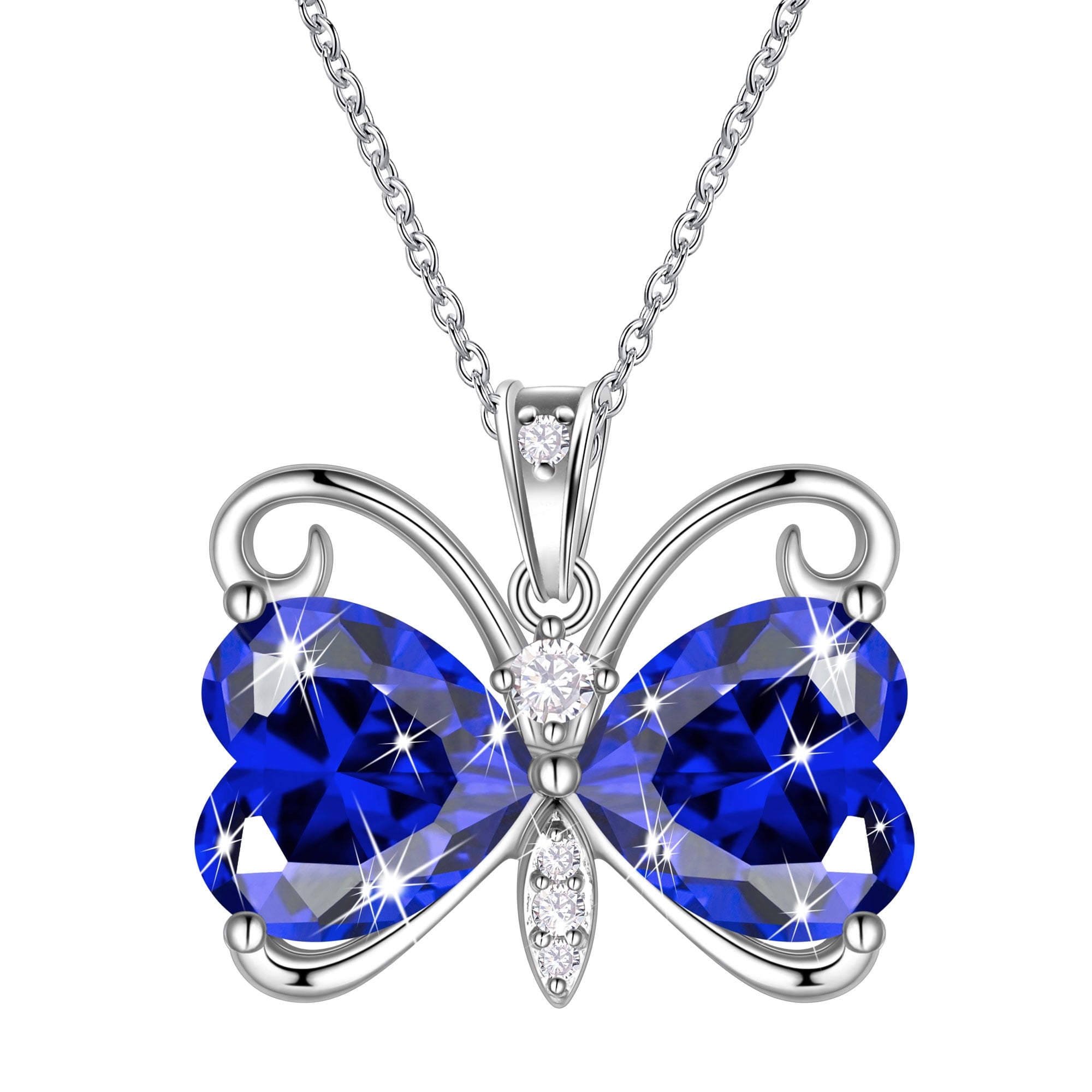 Women Blue Butterfly Necklace Heart September Birthstone Necklace Sapphire CZ Silver Plated Pendant Jewelry Birthday Mother's Day Gift for Her - Aurora Tears