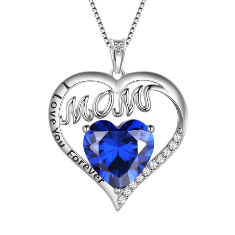 Women Blue Sapphire Necklace Heart September Birthstone I Love You Mom Necklace 925 Sterling Silver Pendant Jewelry Christmas Birthday Mother's Day Gift - Aurora Tears