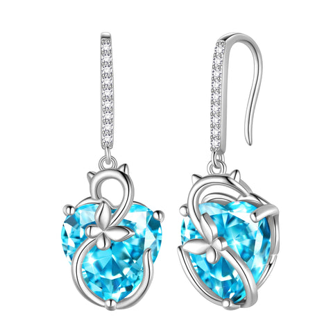 Cat Butterfly Earrings for Women 925 Sterling Silver Earrings Dangle Drop Hook Blue Heart Aquamarine March Birthstone Jewelry Mother Christmas Birthday Valentine's Day Gifts for Mom Wife - Aurora Tears