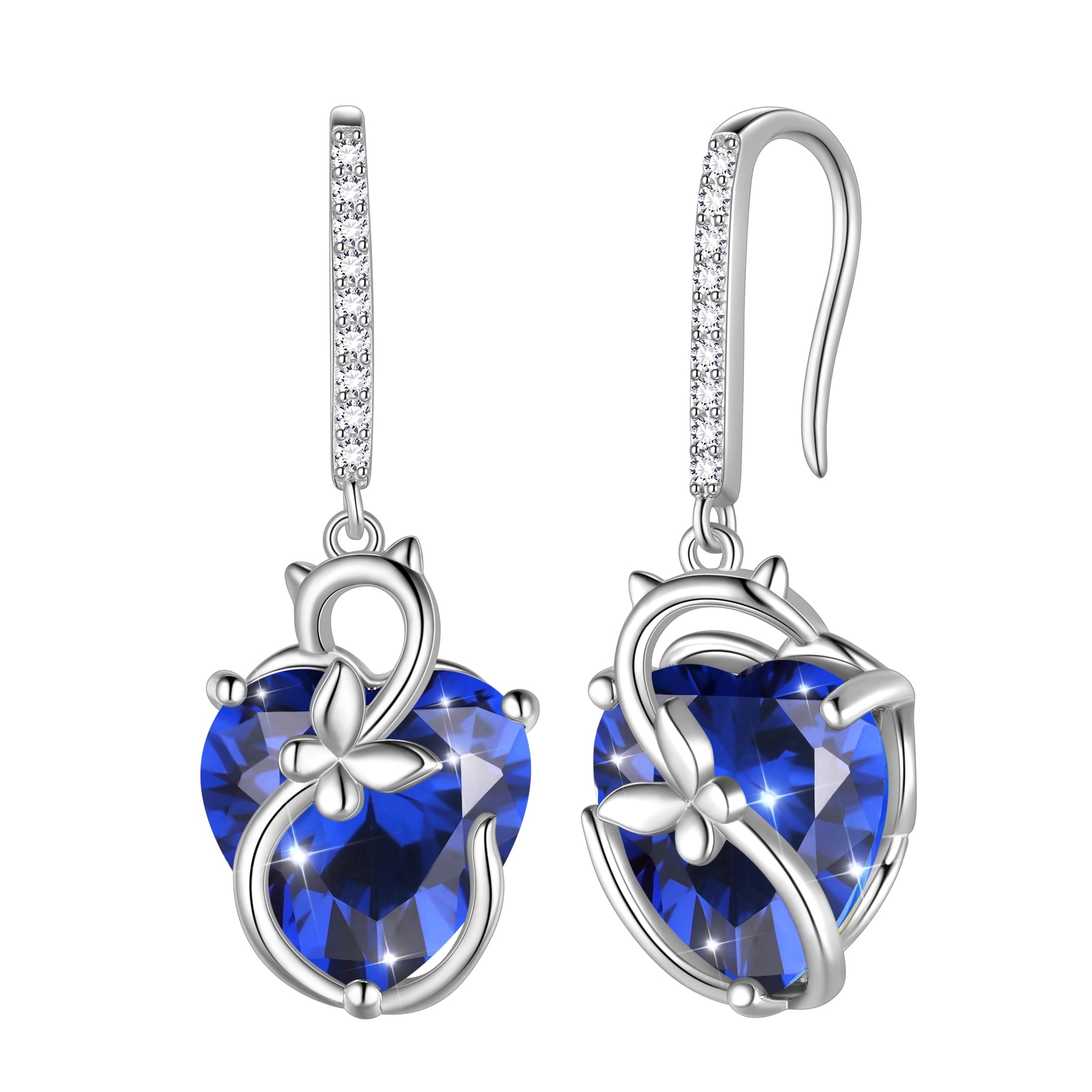 Cat Butterfly Earrings for Women 925 Sterling Silver Earrings Dangle Drop Hook Blue Heart Sapphire September Birthstone Jewelry Christmas Birthday Valentines Mother's Day Gift for Mom Wife - Aurora Tears