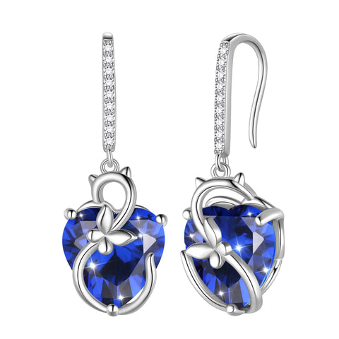 Cat Butterfly Earrings for Women 925 Sterling Silver Earrings Dangle Drop Hook Blue Heart Sapphire September Birthstone Jewelry Christmas Birthday Valentines Mother's Day Gift for Mom Wife - Aurora Tears