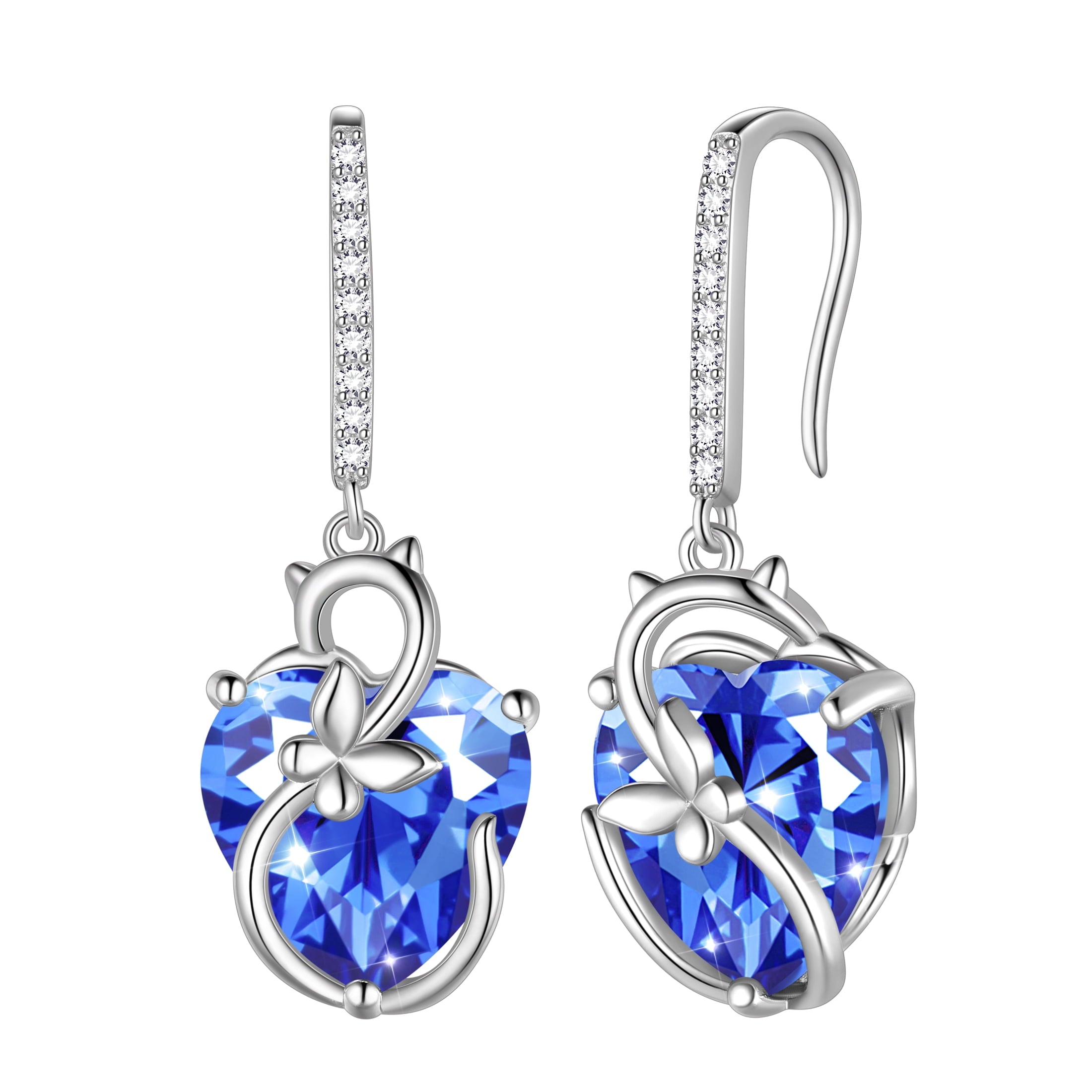 Cat Butterfly Earrings for Women 925 Sterling Silver Earrings Dangle Drop Hook Blue Heart Tanzanite December Birthstone Jewelry Christmas Birthday Valentines Day Gift for Mother Wife - Aurora Tears