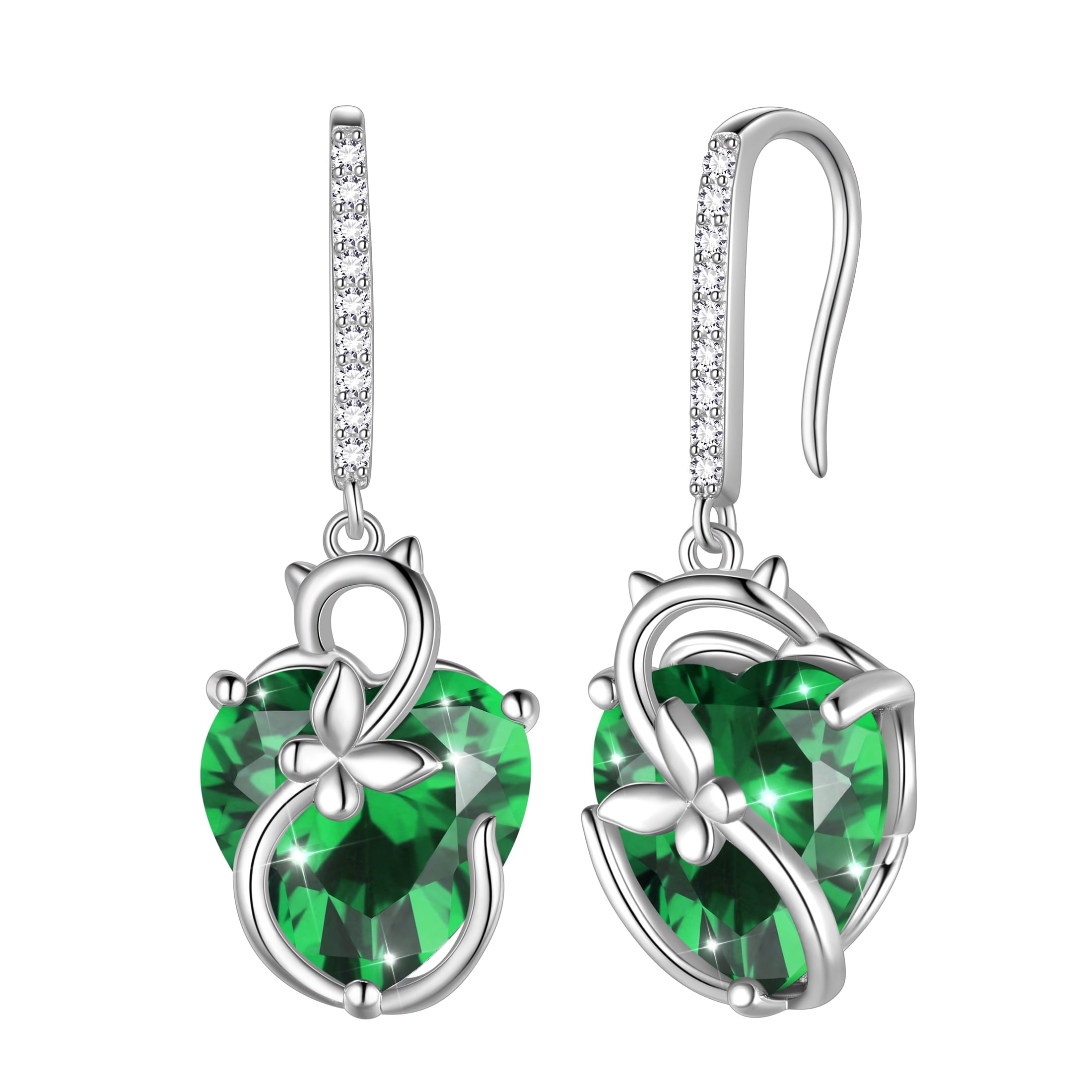 Cat Butterfly Earrings for Women 925 Sterling Silver Earrings Dangle Drop Hook Green Heart Emerald May Birthstone Jewelry Christmas Birthday Valentines Mother's Day Gifts for Mom Grandma - Aurora Tears