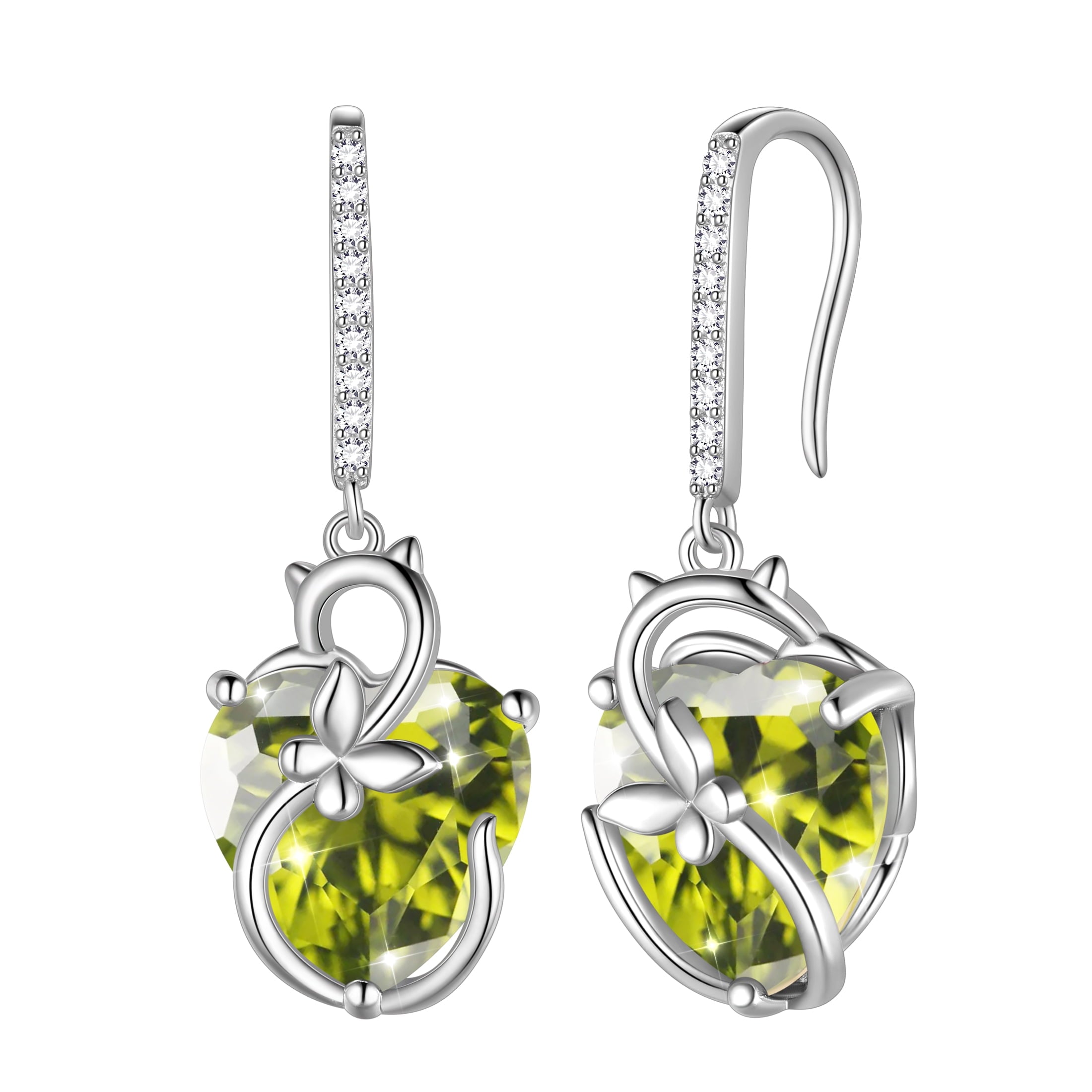 Cat Butterfly Earrings for Women 925 Sterling Silver Earrings Dangle Drop Hook Green Heart Peridot August Birthstone Jewelry Christmas Birthday Valentines Mothers Day Gift for Mom Grandma - Aurora Tears