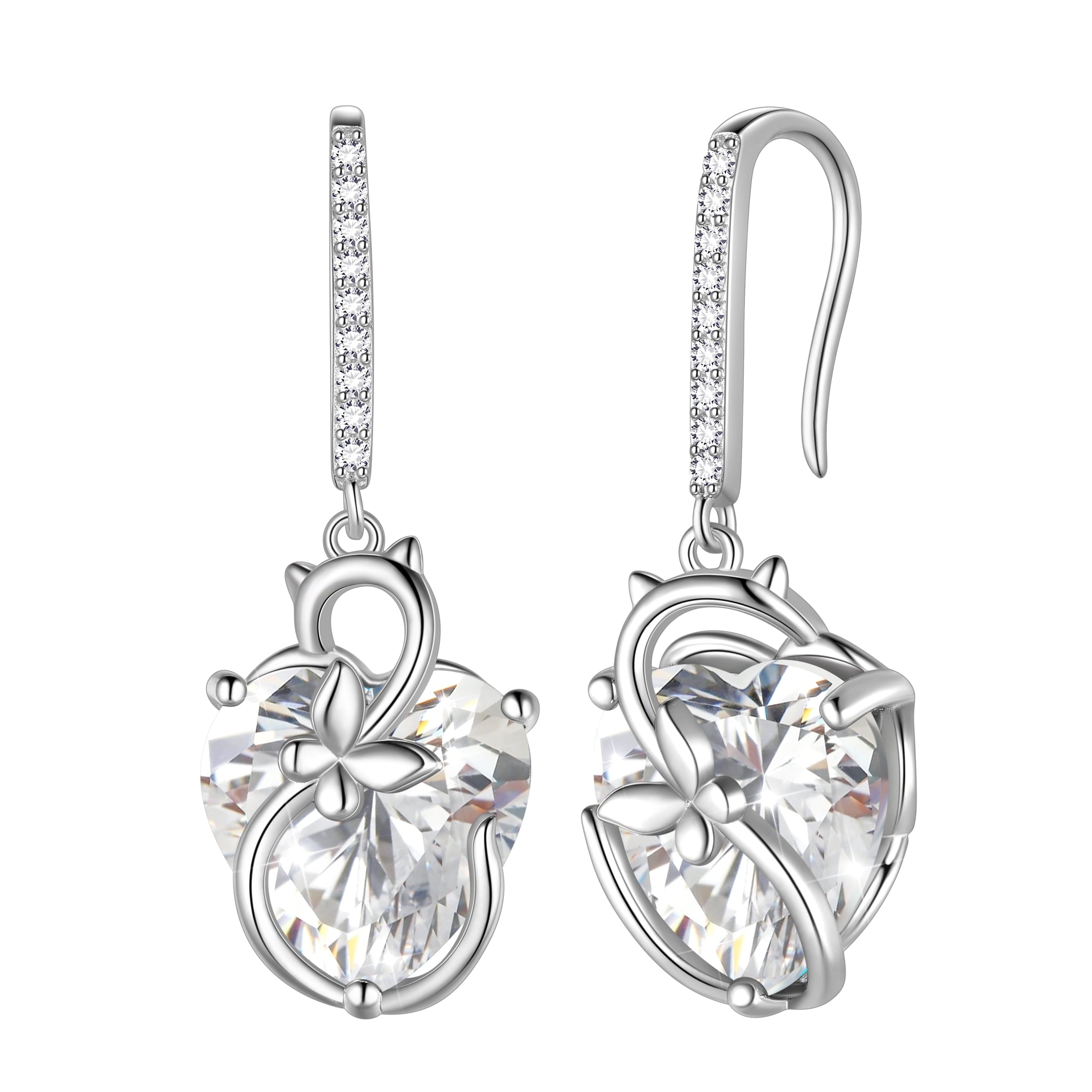 Cat Butterfly Earrings for Women 925 Sterling Silver Earrings Dangle Drop Hook Heart Diamond April Birthstone Wedding Bridal Jewelry Mothers Valentines Day Gifts for Wife Girlfriend - Aurora Tears