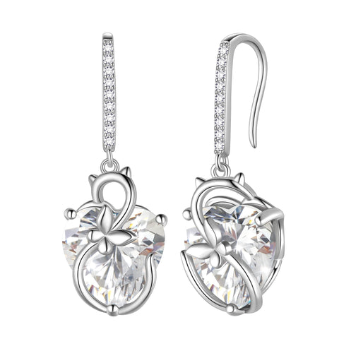 Cat Butterfly Earrings for Women 925 Sterling Silver Earrings Dangle Drop Hook Heart Diamond April Birthstone Wedding Bridal Jewelry Mothers Valentines Day Gifts for Wife Girlfriend - Aurora Tears