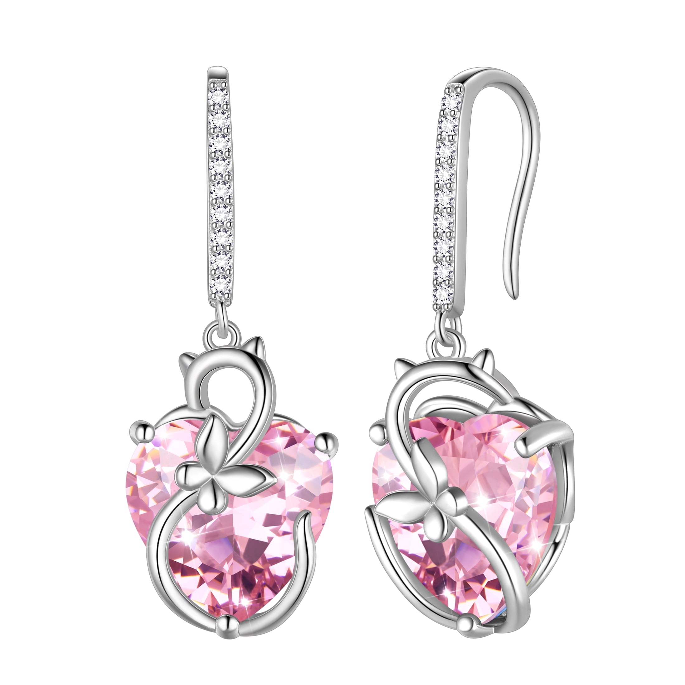 Cat Butterfly Earrings for Women 925 Sterling Silver Earrings Dangle Drop Hook Pink Heart Tourmaline October Birthstone Jewelry Mother Christmas Valentine's Day Gifts for Wife Girlfriend - Aurora Tears
