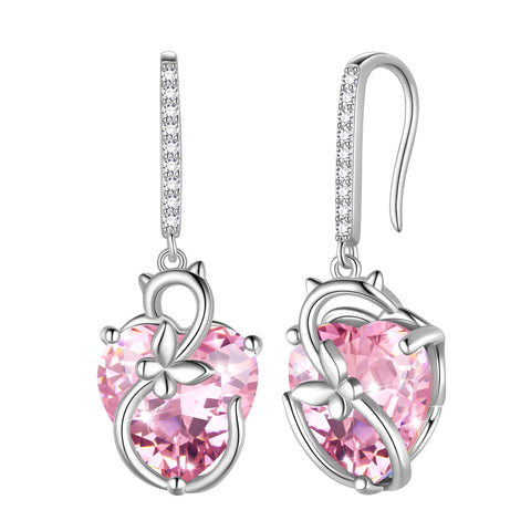 Cat Butterfly Earrings for Women 925 Sterling Silver Earrings Dangle Drop Hook Pink Heart Tourmaline October Birthstone Jewelry Mother Christmas Valentine's Day Gifts for Wife Girlfriend - Aurora Tears