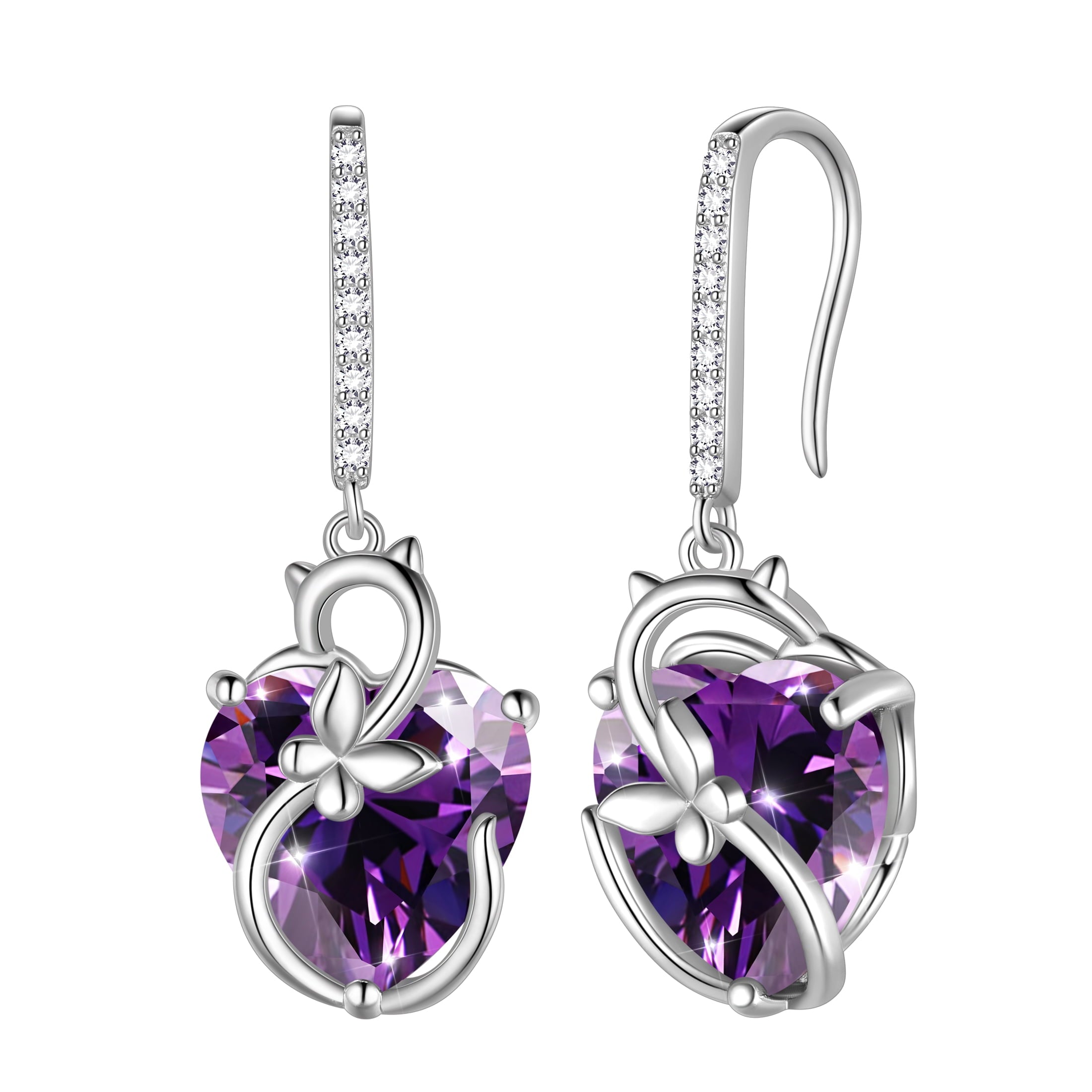 Cat Butterfly Earrings for Women 925 Sterling Silver Earrings Dangle Drop Hook Purple Heart Amethyst February Birthstone Jewelry Mother Christmas Birthday Valentine's Day Gifts for Wife - Aurora Tears