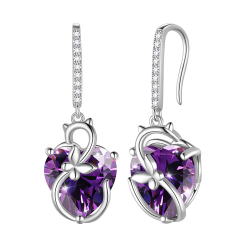 Cat Butterfly Earrings for Women 925 Sterling Silver Earrings Dangle Drop Hook Purple Heart Amethyst February Birthstone Jewelry Mother Christmas Birthday Valentine's Day Gifts for Wife - Aurora Tears