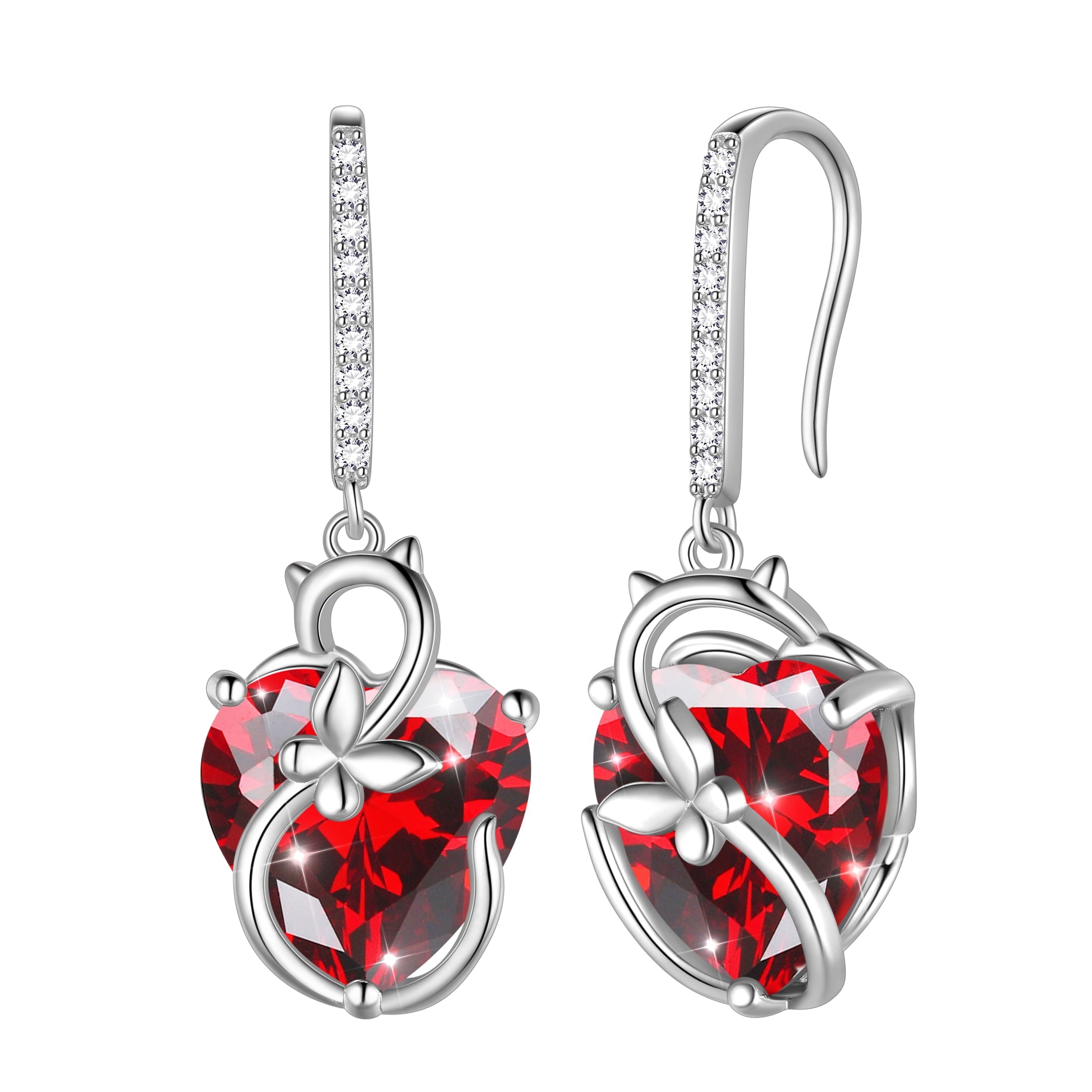 Cat Butterfly Earrings for Women 925 Sterling Silver Earrings Dangle Drop Hook Red Heart Garnet January Birthstone Jewelry Mother Christmas Birthday Valentine's Day Gift for Mom Wife - Aurora Tears