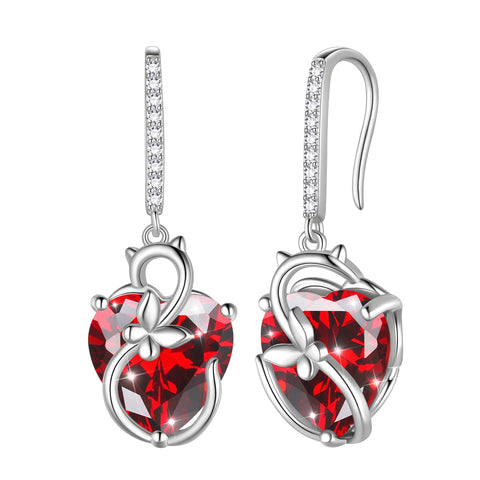 Cat Butterfly Earrings for Women 925 Sterling Silver Earrings Dangle Drop Hook Red Heart Garnet January Birthstone Jewelry Mother Christmas Birthday Valentine's Day Gift for Mom Wife - Aurora Tears