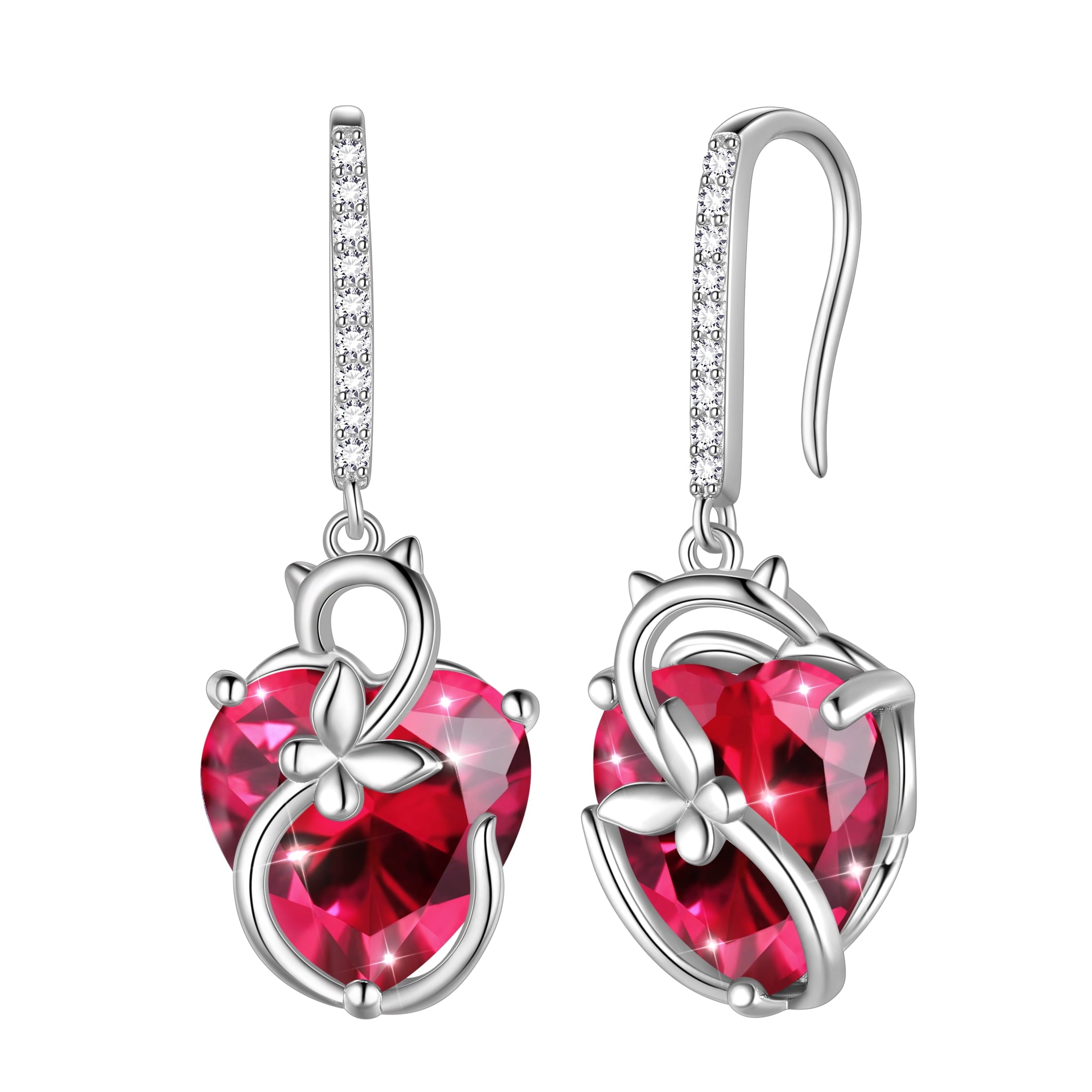 Cat Butterfly Earrings for Women 925 Sterling Silver Earrings Dangle Drop Hook Red Heart Ruby July Birthstone Jewelry Mother Christmas Birthday Valentine's Day Gifts for Wife Girlfriend - Aurora Tears