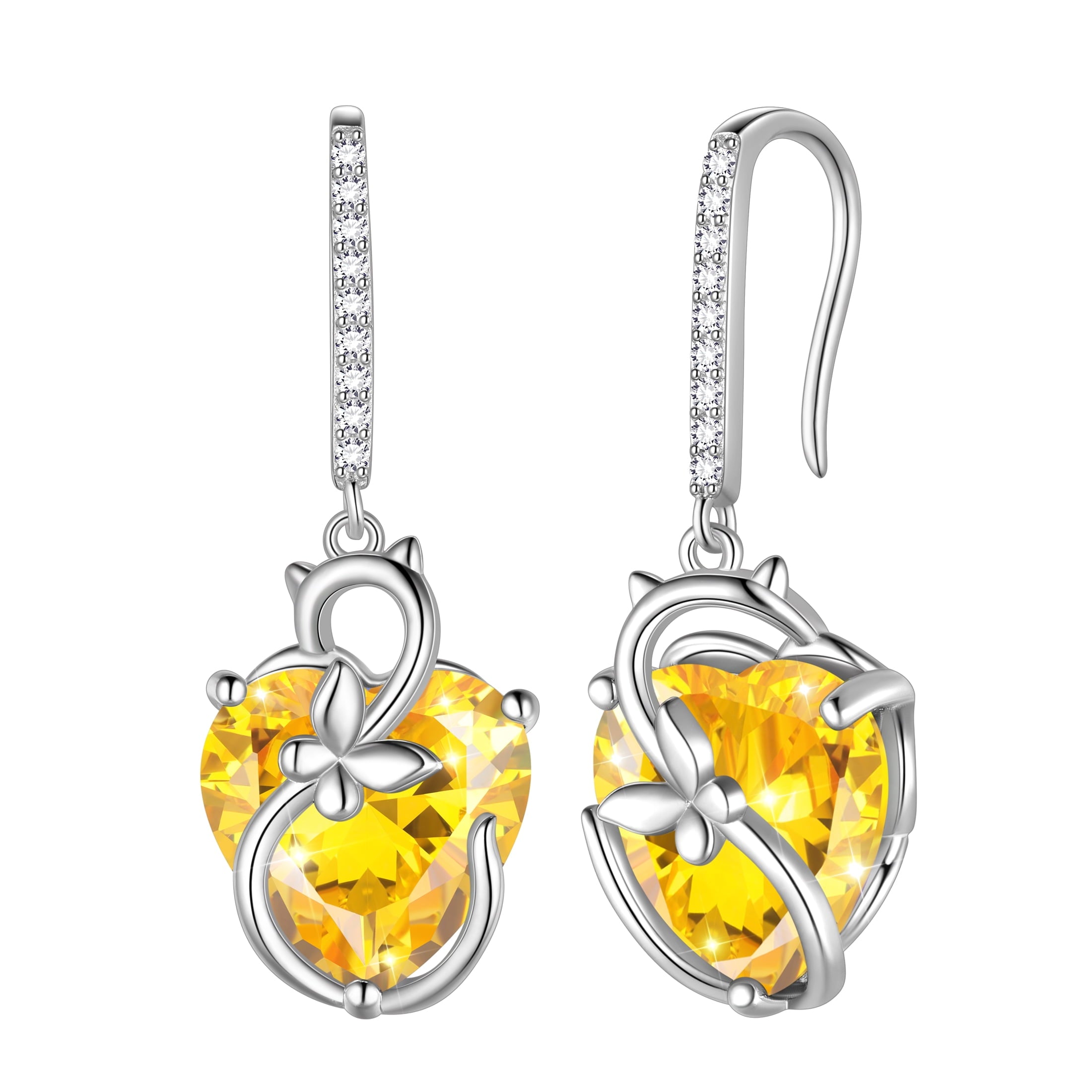 Cat Butterfly Earrings for Women 925 Sterling Silver Earrings Dangle Drop Hook Yellow Heart Citrine November Birthstone Jewelry Christmas Valentines Birthday Mothers Day Gifts for Mom Wife - Aurora Tears