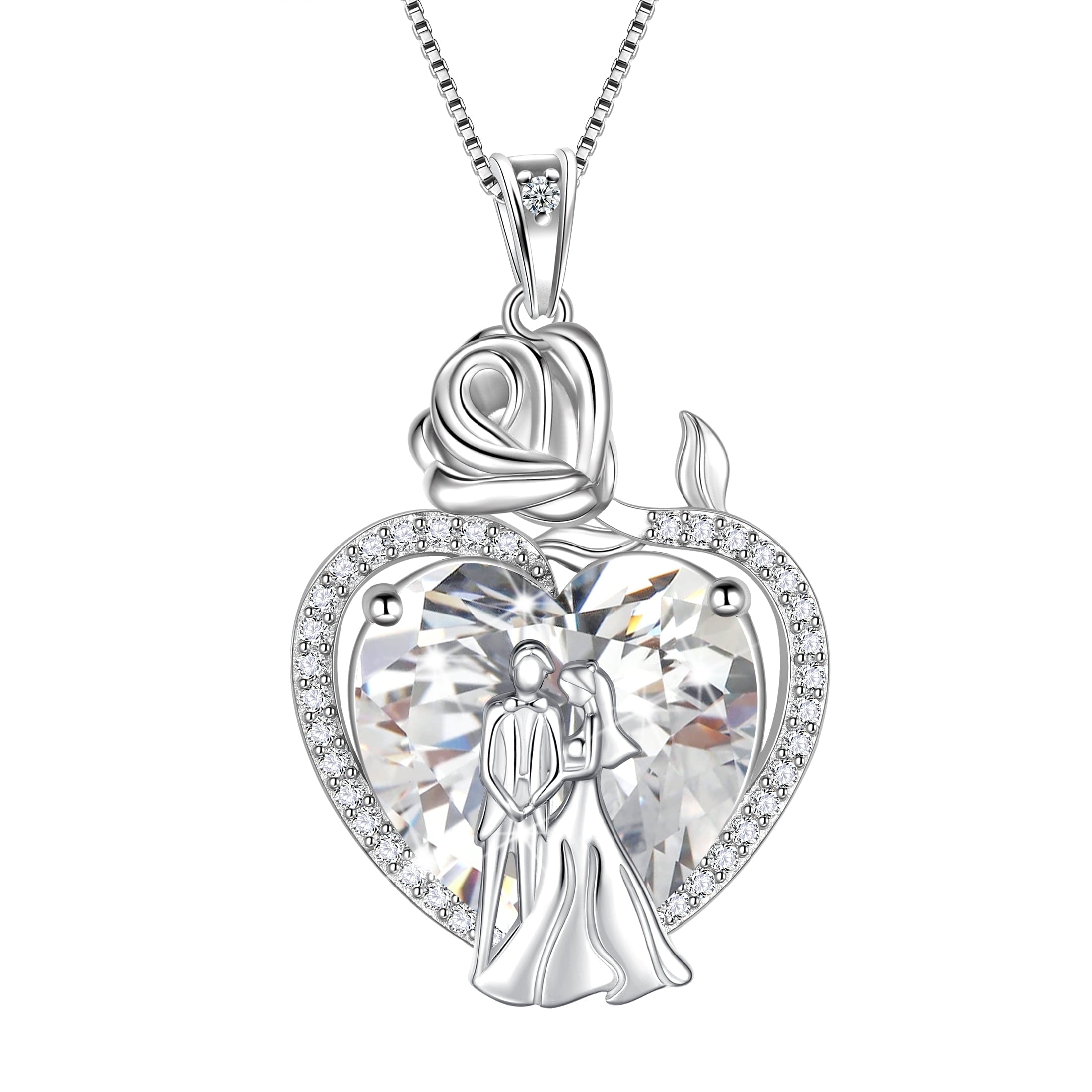 Couple Necklace for Women 925 Sterling Silver 15MM Heart April Birthstone Rose Flower Pendant Wedding Engagement Jewelry Valentine's Day Gifts for Her Wife Bride - Aurora Tears