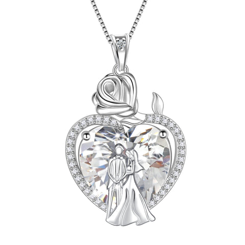 Couple Necklace for Women 925 Sterling Silver 15MM Heart April Birthstone Rose Flower Pendant Wedding Engagement Jewelry Valentine's Day Gifts for Her Wife Bride - Aurora Tears