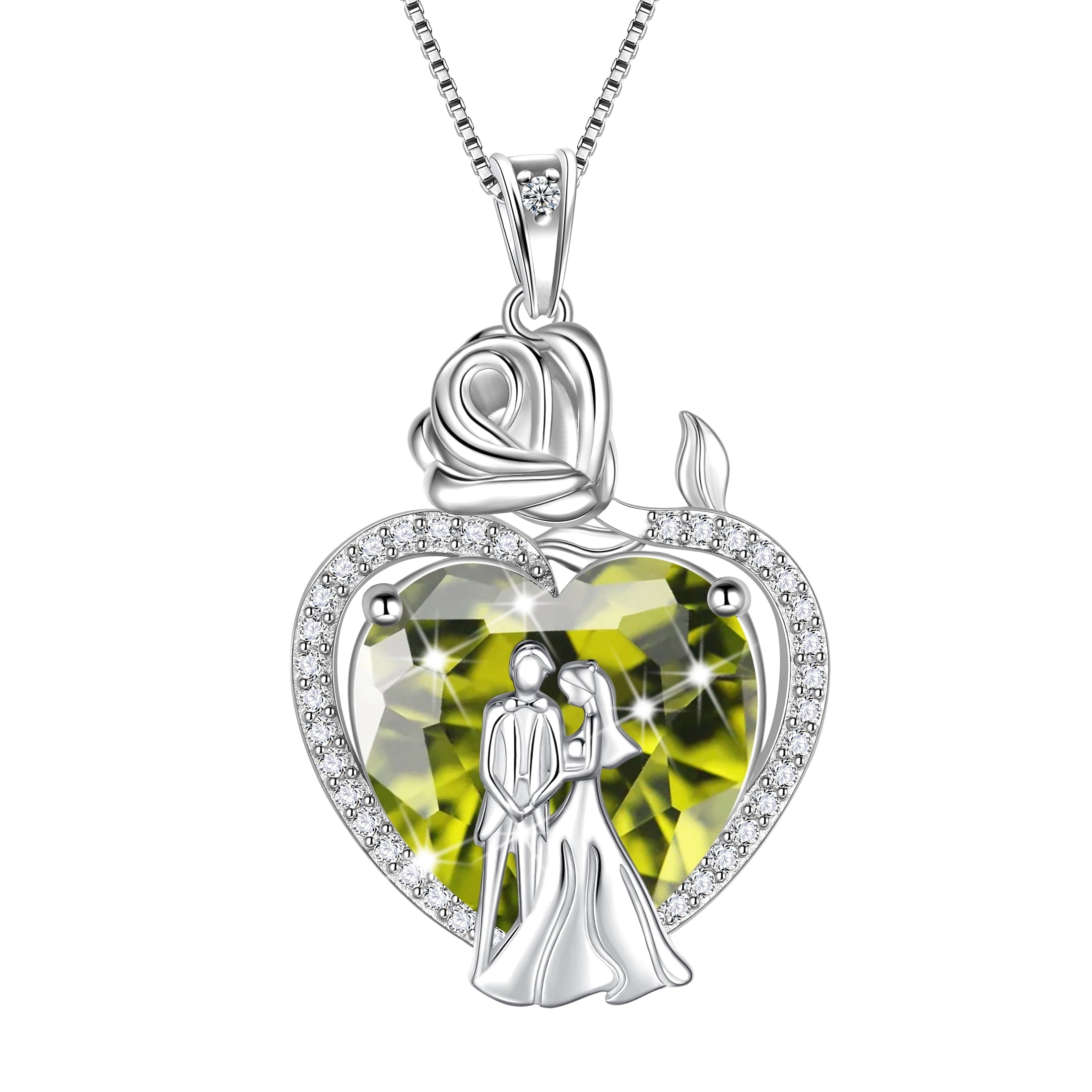 Couple Necklace for Women 925 Sterling Silver 15MM Heart August Birthstone Rose Flower Pendant Promise Engagement Jewelry Valentines Gift for Wife Girlfriend Her - Aurora Tears